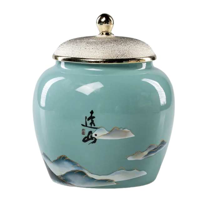 a blue jar with a silver lid and a painting on it