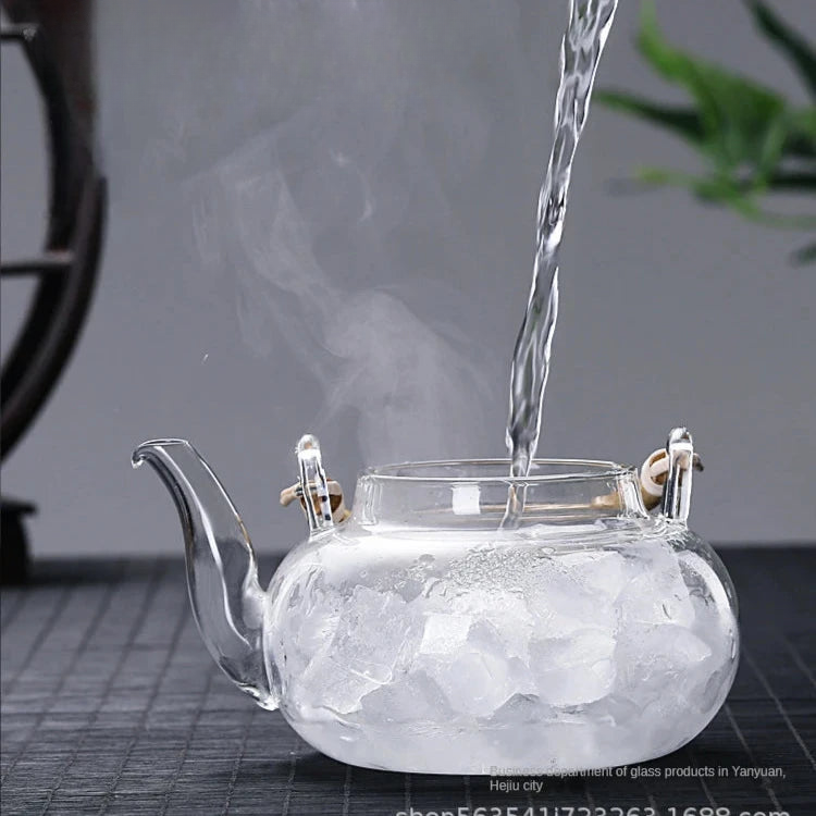 a glass teapot filled with ice and water