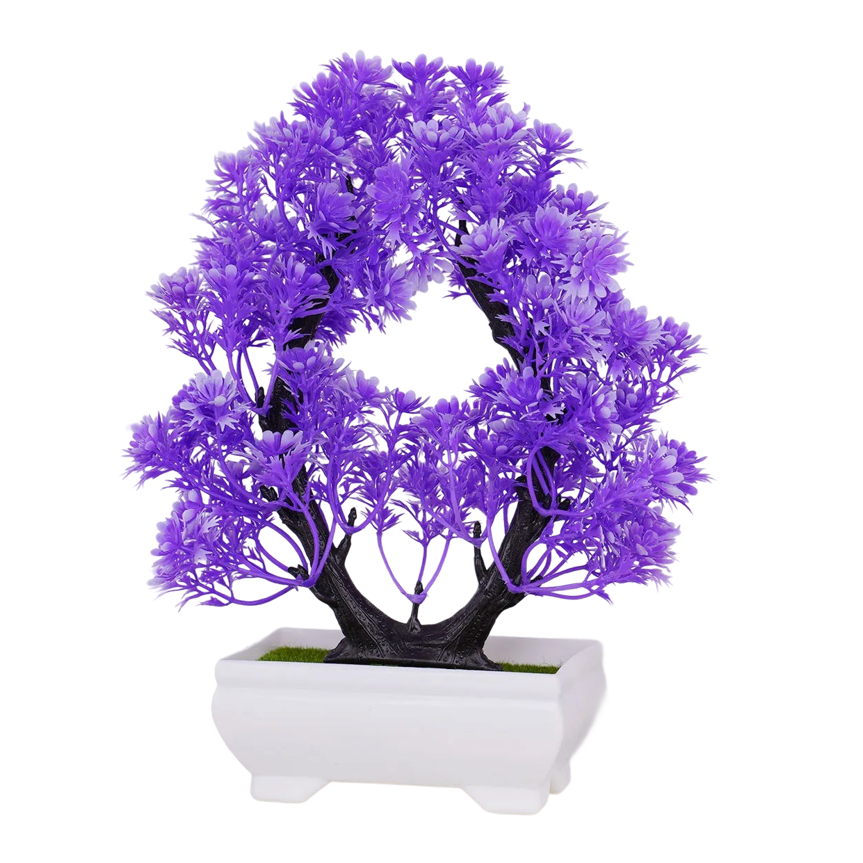 a purple bonsai tree in a white pot