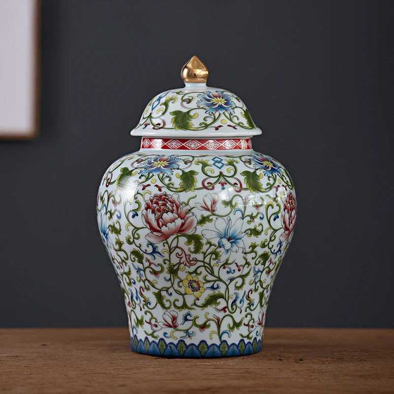 a colorful vase sitting on top of a wooden table