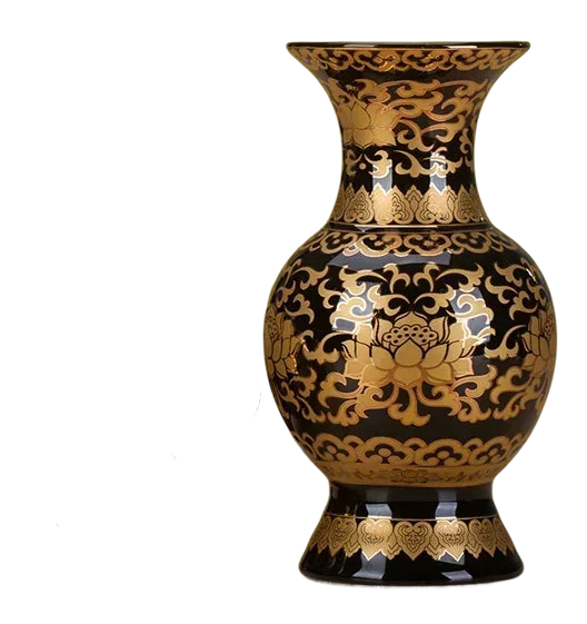 a gold and black vase on a black background