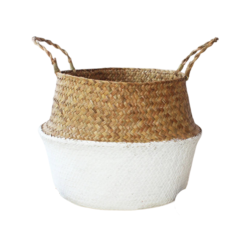 a white and brown basket with two handles