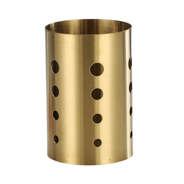 a brass cup with holes in the middle