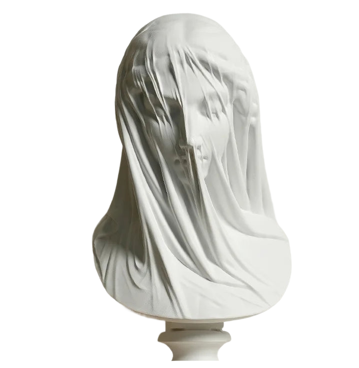 a white sculpture of a woman's head covered in a white cloth