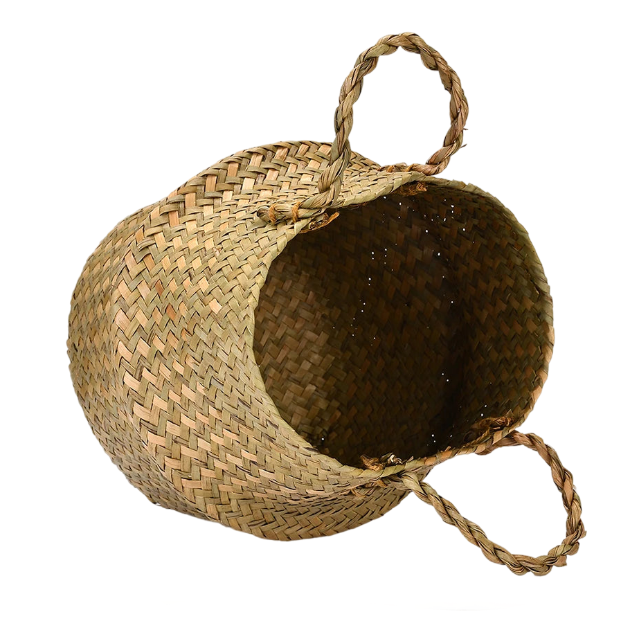 a woven basket with a handle on a black background