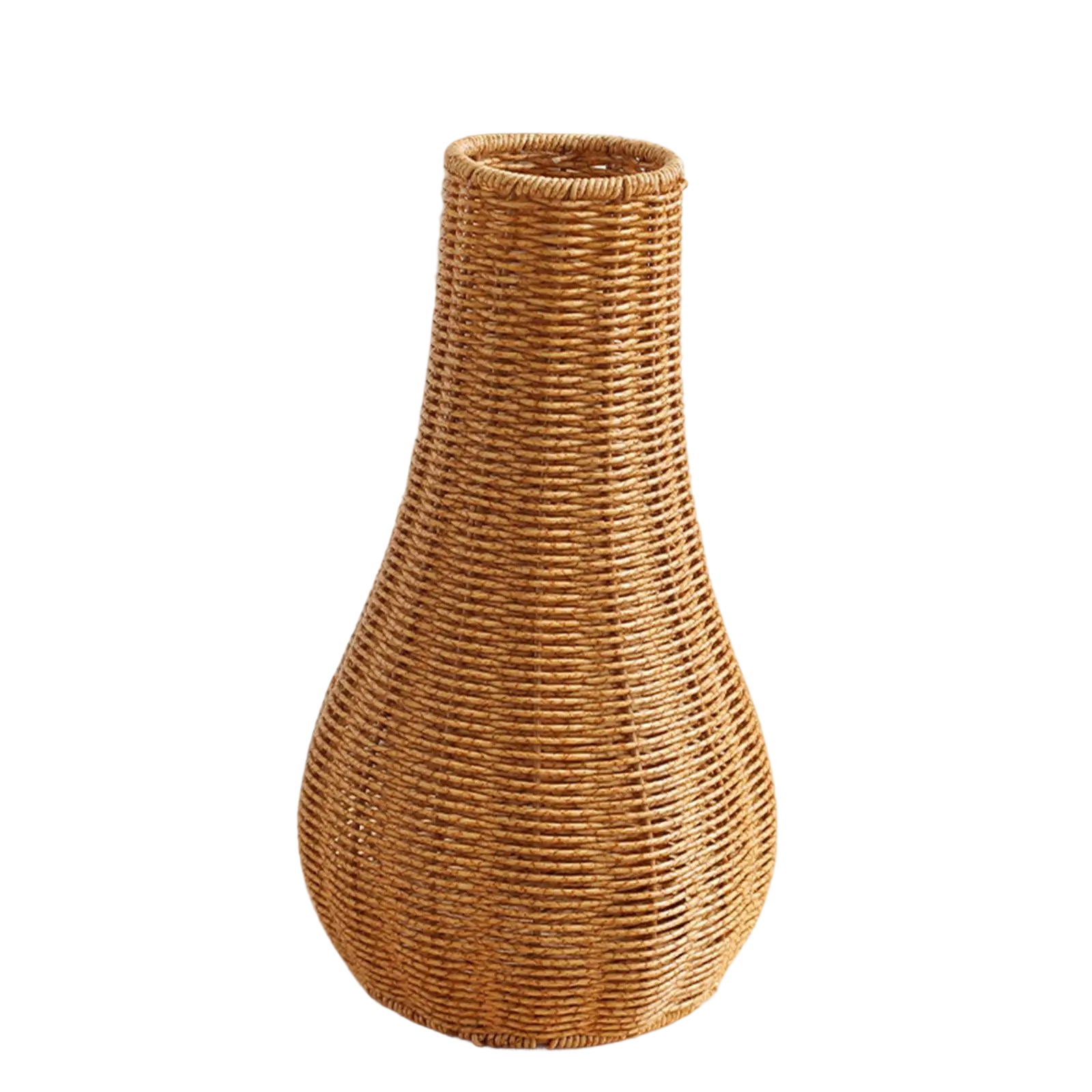 a wicker vase sitting on top of a wooden table