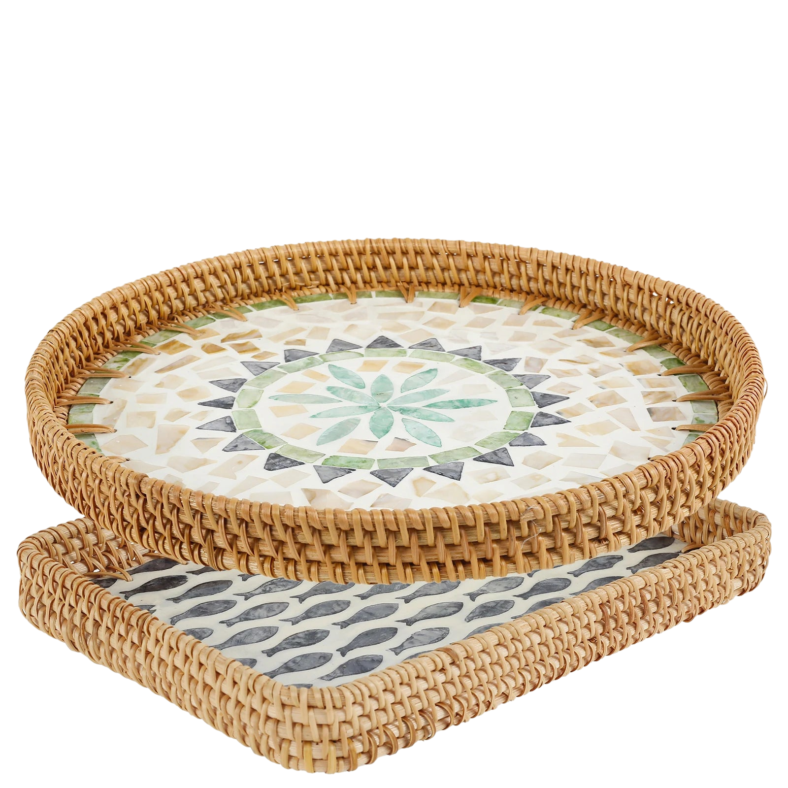 two wicker trays with different designs on them