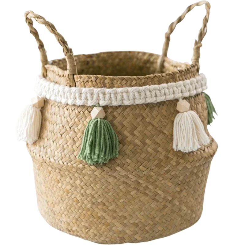 a woven basket with tassels and tassels