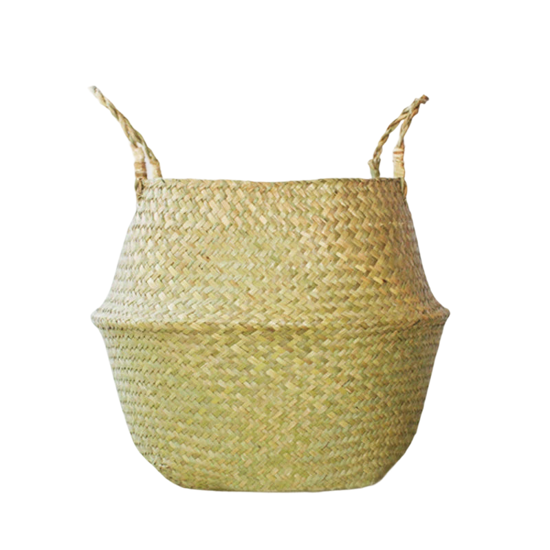 a woven basket with handles on a black background