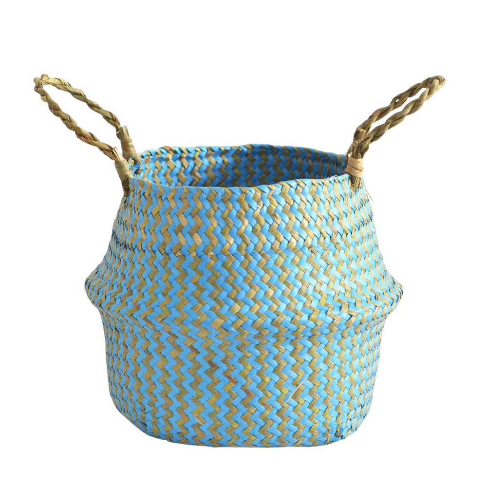 a blue and yellow basket with rope handles