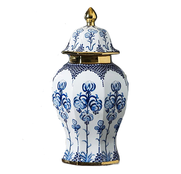 a blue and white vase with a gold lid