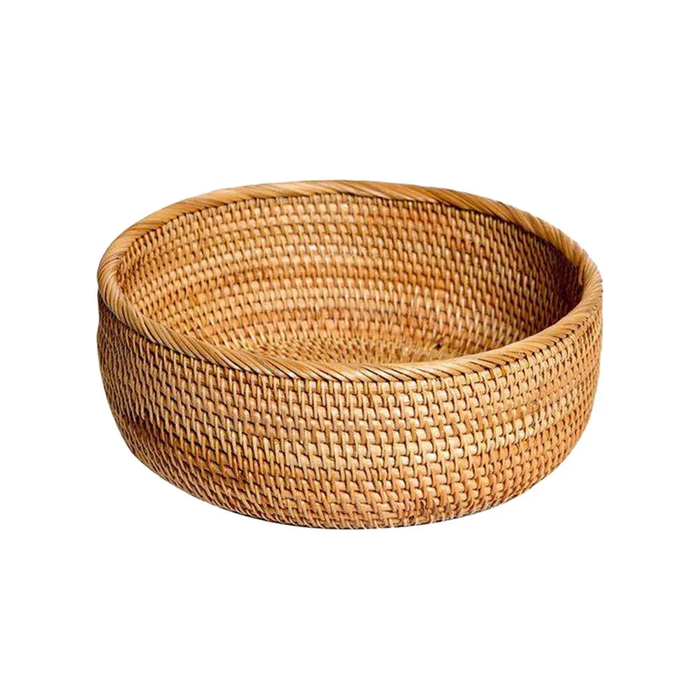 26 cm - Cesta Redonda de Rattan Tecida à Mão para Armazenamento