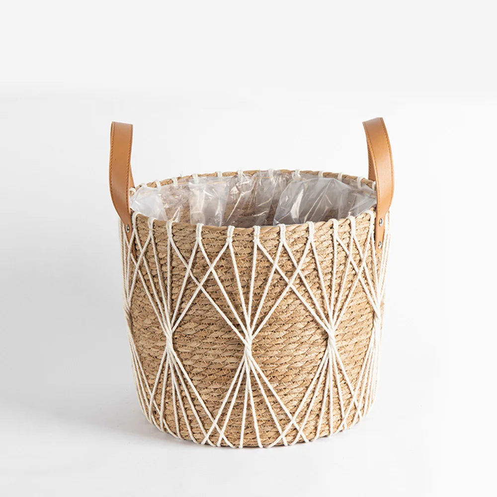 Cesta de armazenamento de rattan, vaso de flores para sala de estar, decoração de casa, durável, bolso de rede, decoração de gramado ao ar livre