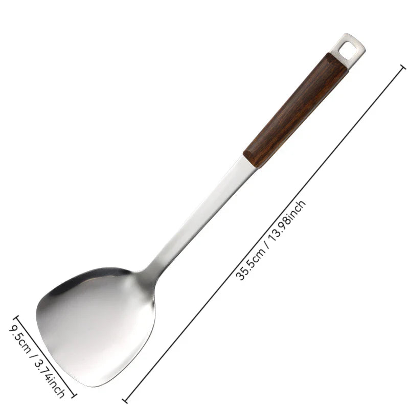 Espátula wok com cabo de madeira para cozinha, utensílios de cozinha, pá de fritura de aço inoxidável, escorredor de sopa, colher de arroz, ferramentas de cozinha