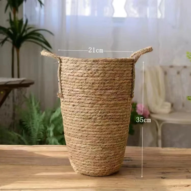 a large woven basket sitting on top of a wooden table