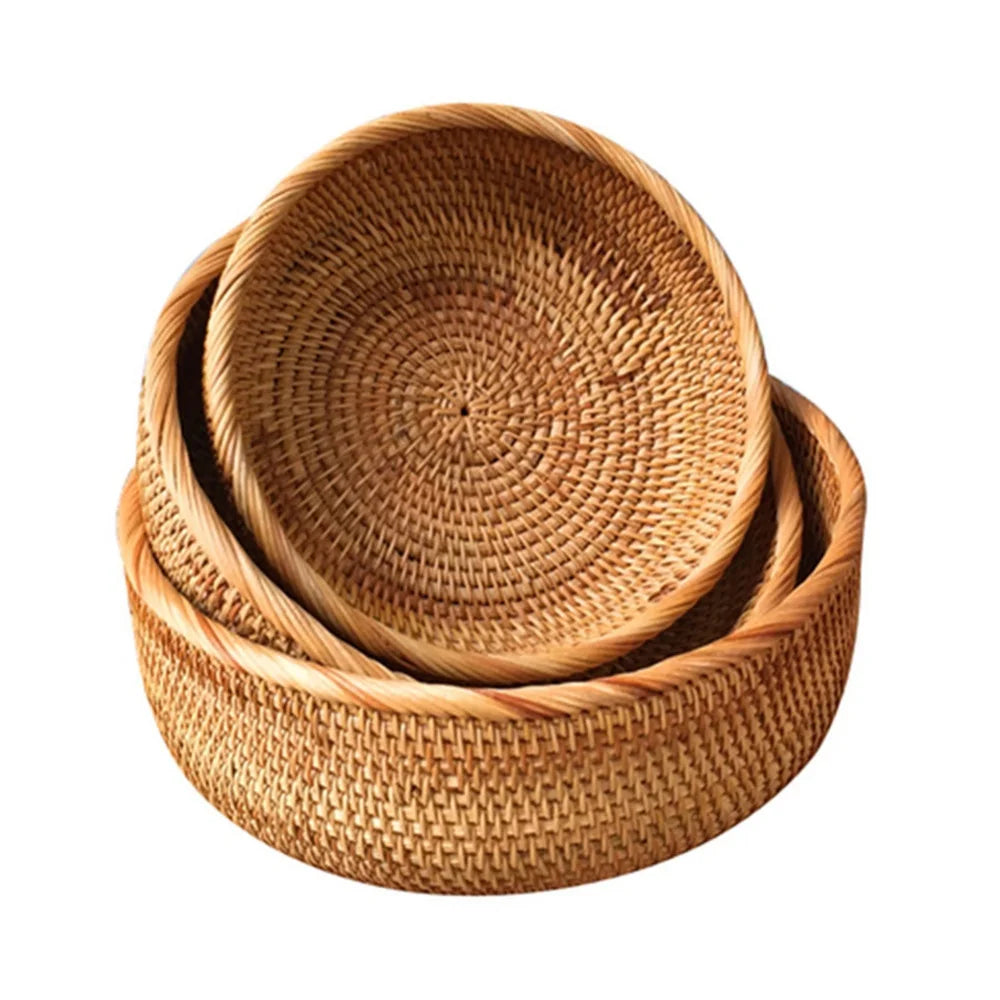 Rodada Handwoven Rattan Cestas De Armazenamento, comida Natural Tecida Bandeja Caixa, Home Living Room Dinner Table Snack Fruit Vegetable Basket