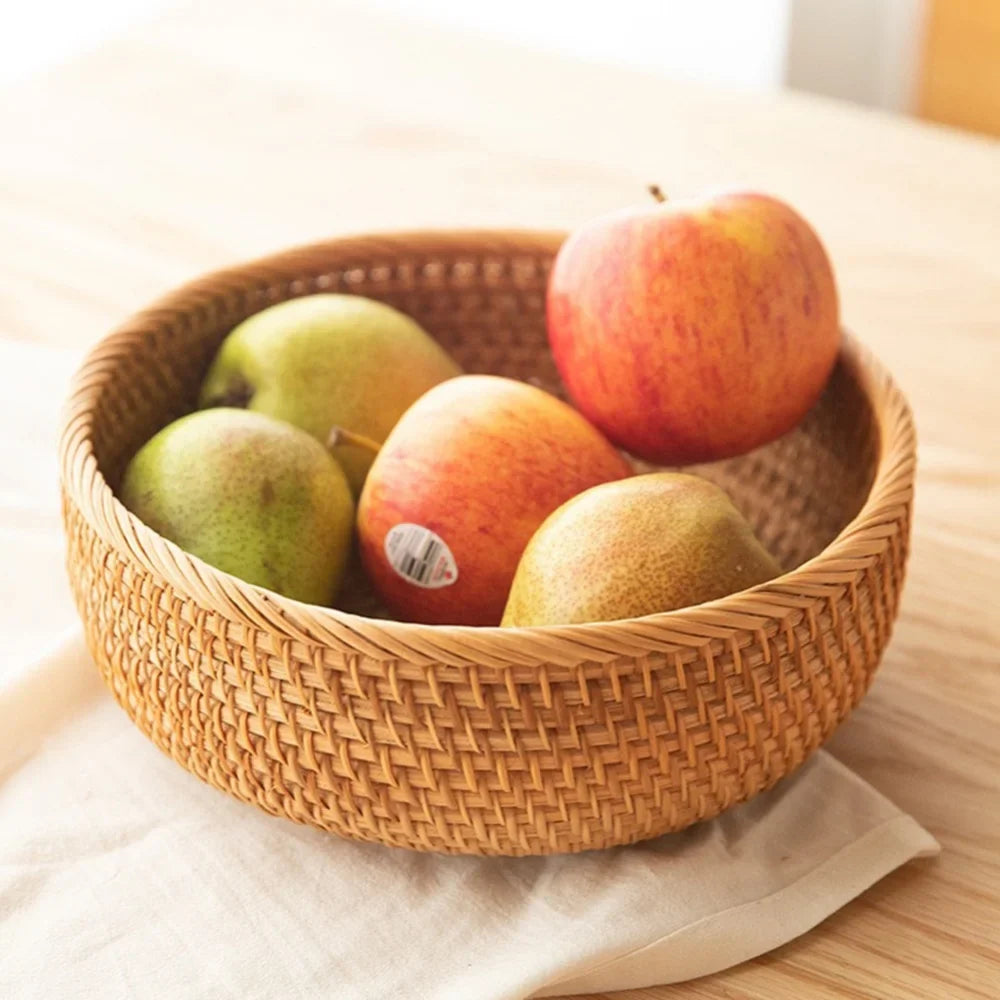 26 cm - Cesta Redonda de Rattan Tecida à Mão para Armazenamento