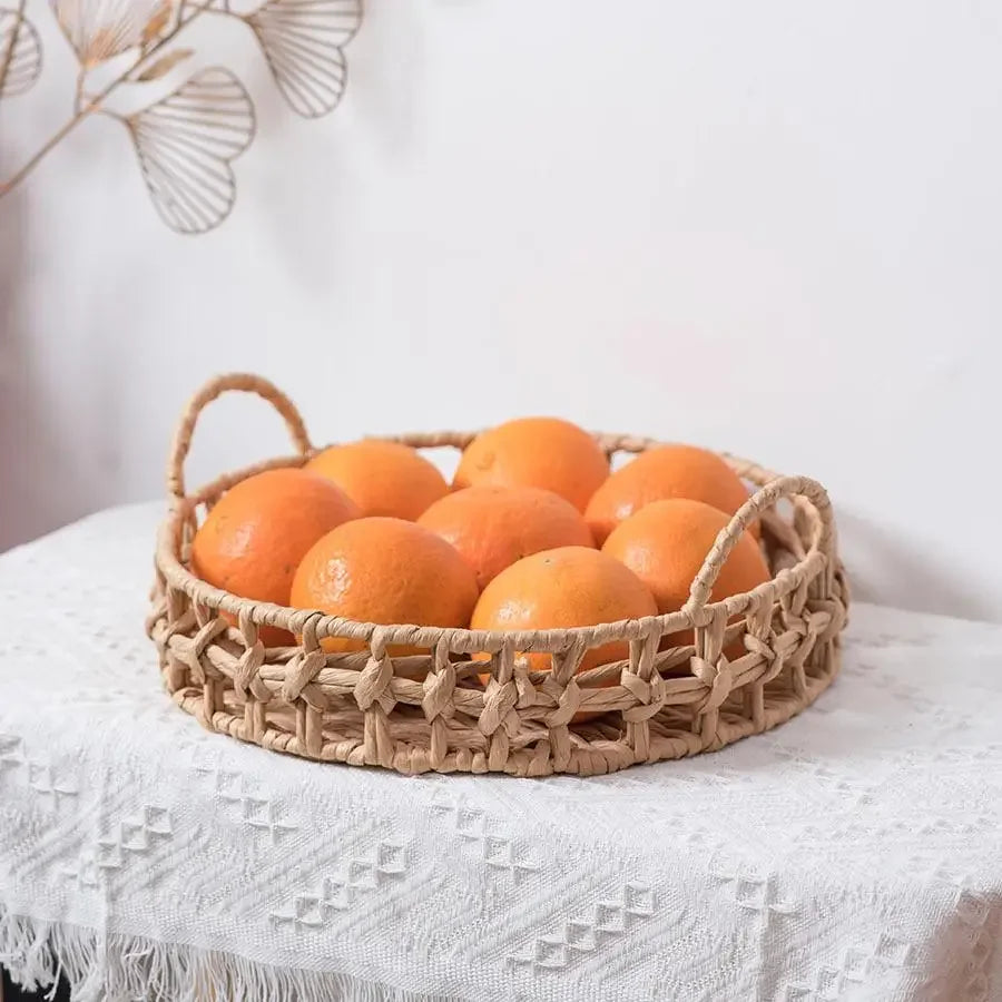 Bandeja retrô tecida à mão, cesta redonda de armazenamento de frutas, decoração de restaurante, sala de chá, decoração de padaria, armazenamento de mesa