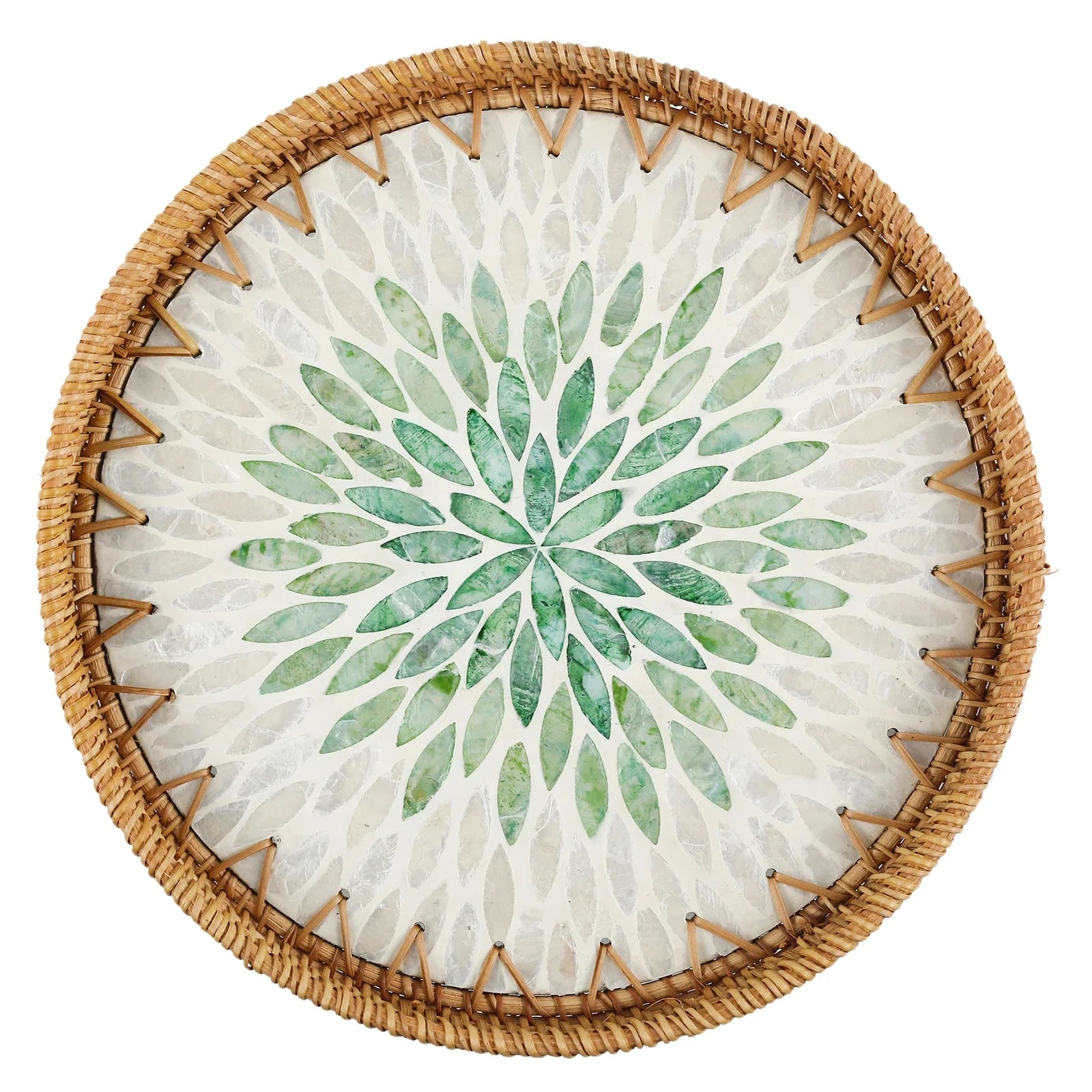 a wicker basket with a green flower painted on it