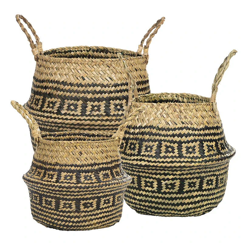 three woven baskets with handles and handles