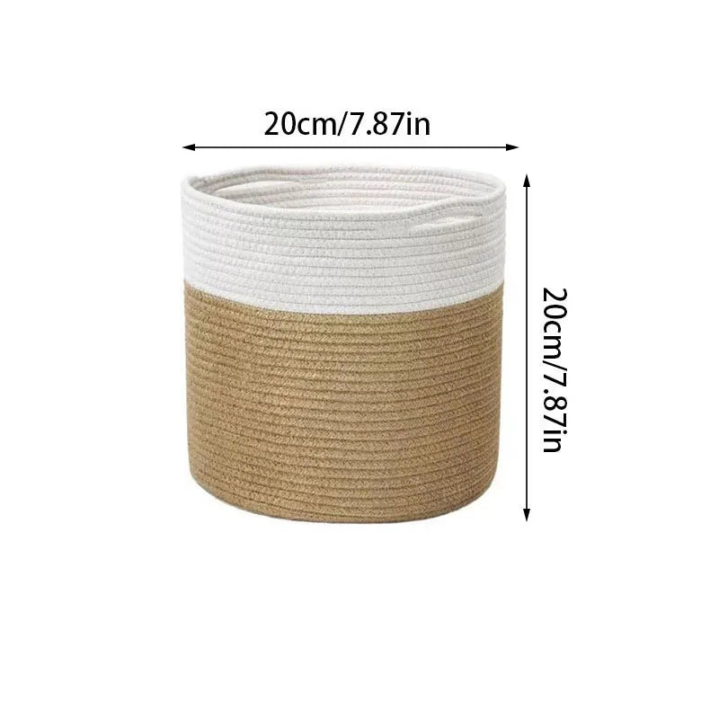 a white and tan rope basket with a brown stripe