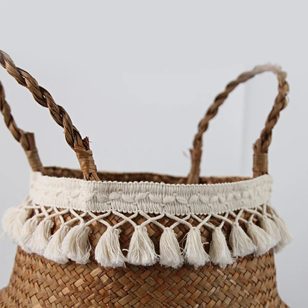 a close up of a woven basket with handles