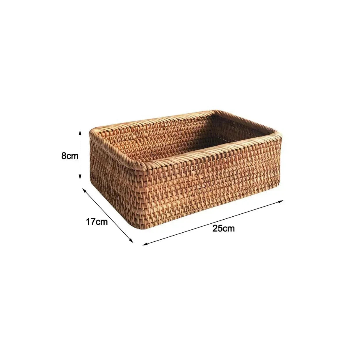 a large rectangular rattan storage basket with measurements