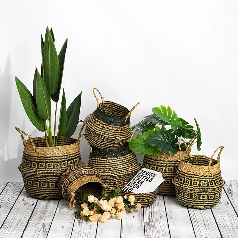 a group of plant pots sitting on top of a wooden table