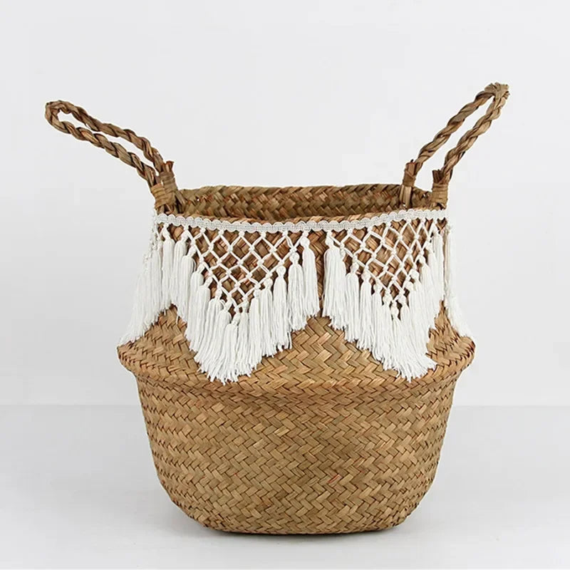 Cesta do armazenamento do laço com o pendão para a lavanderia, cesta natural do rattan, organizador da palha, brinquedo, cor preto e branco