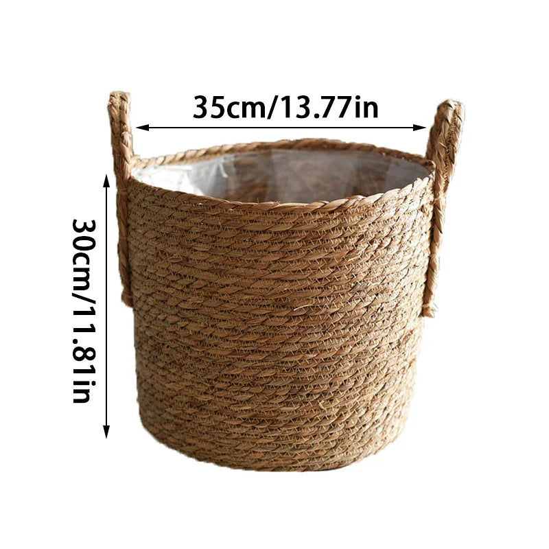 a large rope basket with handles and handles