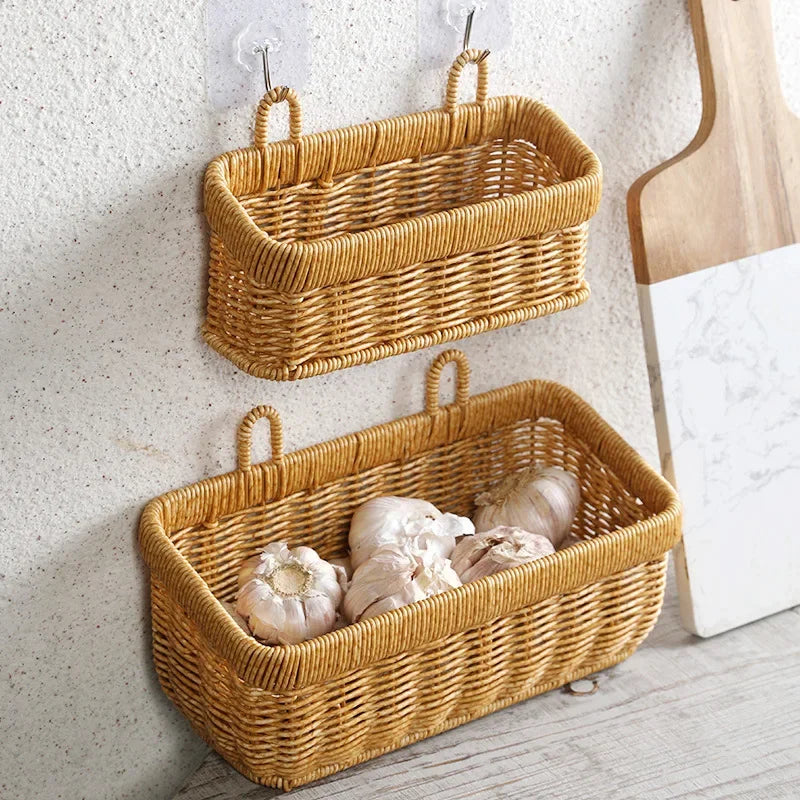 a couple of baskets hanging on a wall