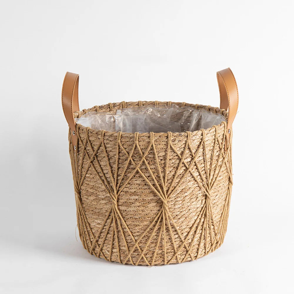 Cesta de armazenamento de rattan, vaso de flores para sala de estar, decoração de casa, durável, bolso de rede, decoração de gramado ao ar livre