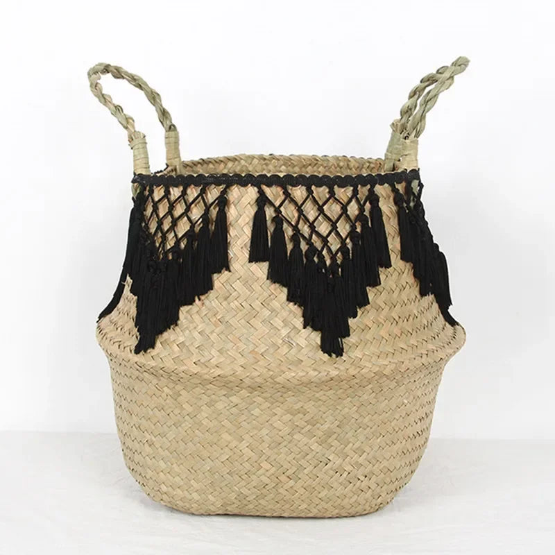 Cesta do armazenamento do laço com o pendão para a lavanderia, cesta natural do rattan, organizador da palha, brinquedo, cor preto e branco