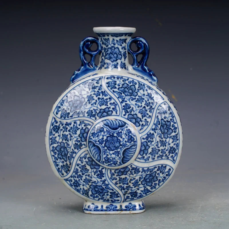 Qing dinastia qianlong porcelana azul e branco flor plana vaso antigo porcelana jingdezhen cerâmica ornamentos