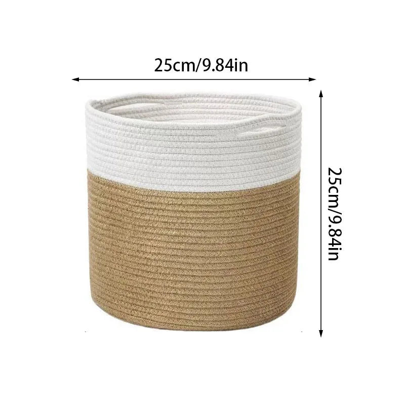 a white and tan rope basket with a brown stripe