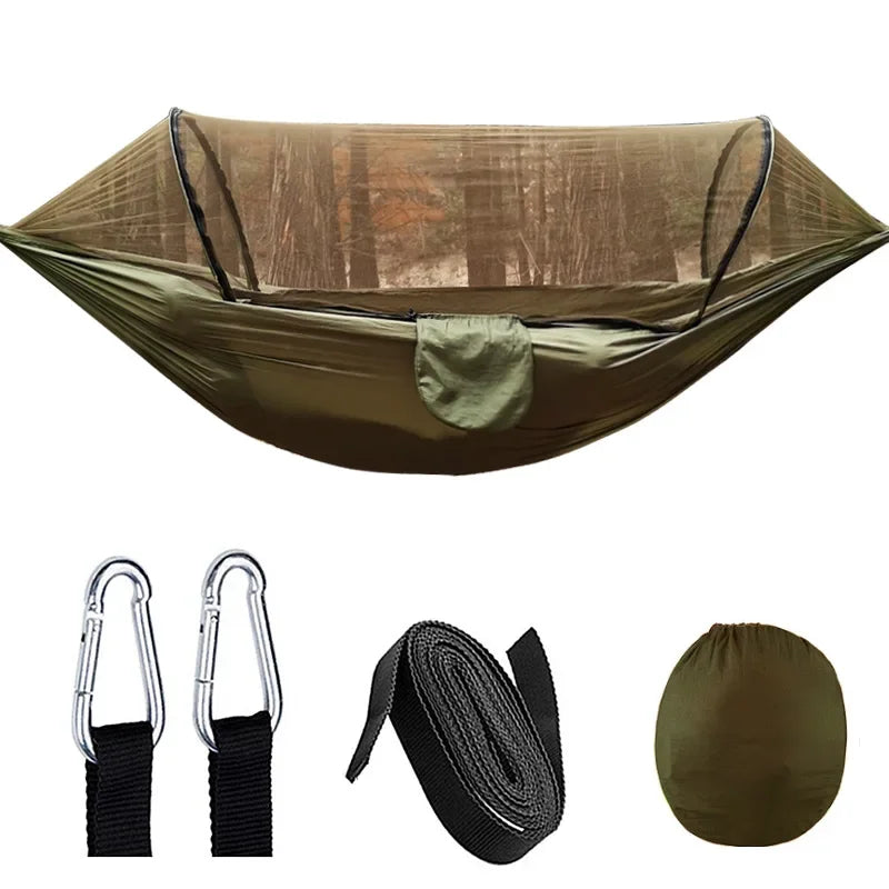 Anti-Rollover Camping Hammock com Mosquiteiro, Automático, Abertura Rápida, Cama Suspensa ao Ar Livre, Cadeira de Nylon, 260x140cm