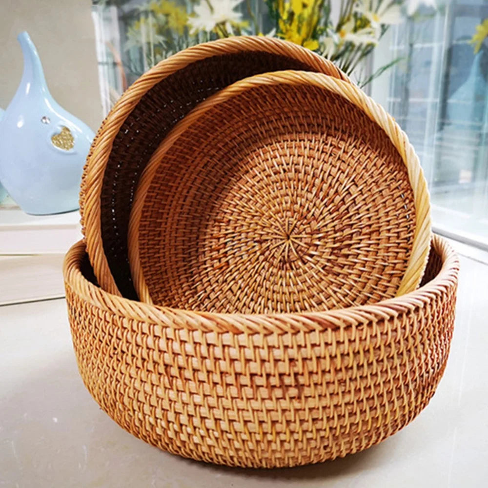 26 cm - Cesta Redonda de Rattan Tecida à Mão para Armazenamento