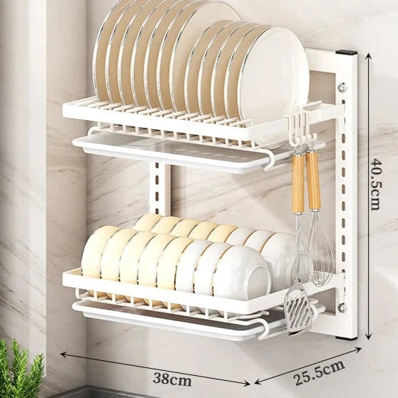 Cozinha Prato Rack montado na parede, armazenamento multifuncional, sem buraco armário, pauzinhos facas placas de drenagem, 2 camadas