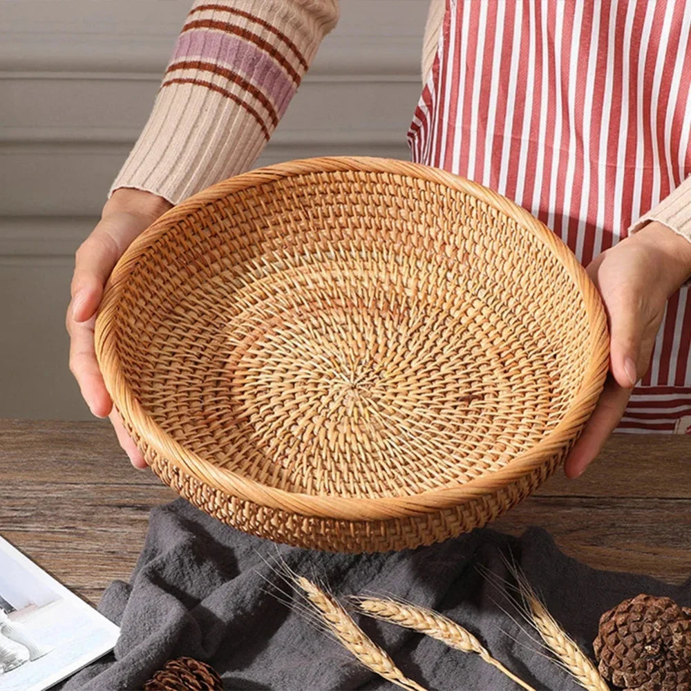 26 cm - Cesta Redonda de Rattan Tecida à Mão para Armazenamento