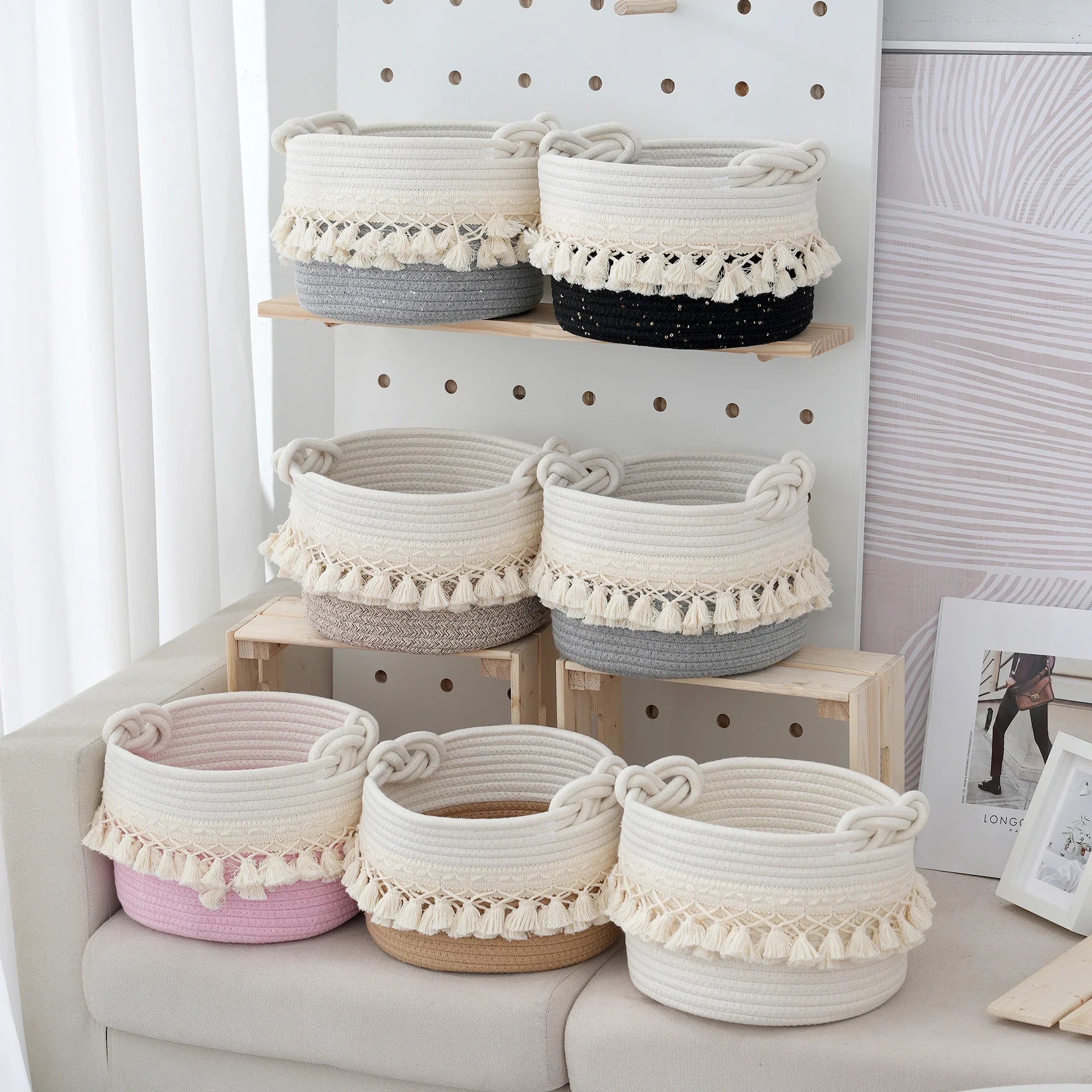 a bunch of baskets that are on a shelf