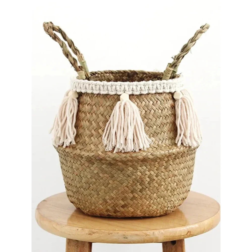 a woven basket sitting on top of a wooden stool