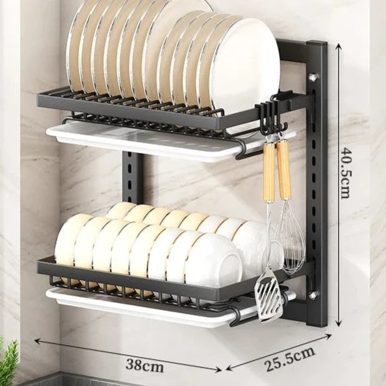 Cozinha Prato Rack montado na parede, armazenamento multifuncional, sem buraco armário, pauzinhos facas placas de drenagem, 2 camadas