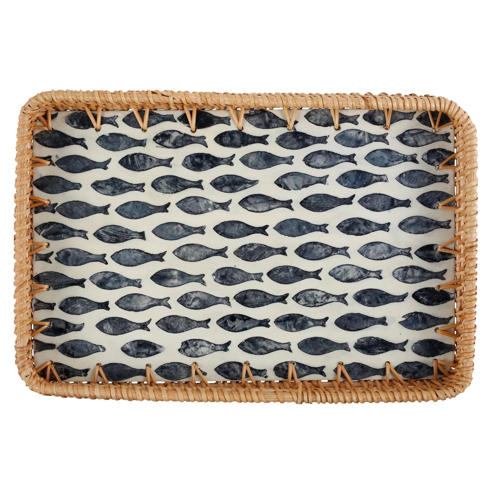 a wicker tray with a fish pattern on it