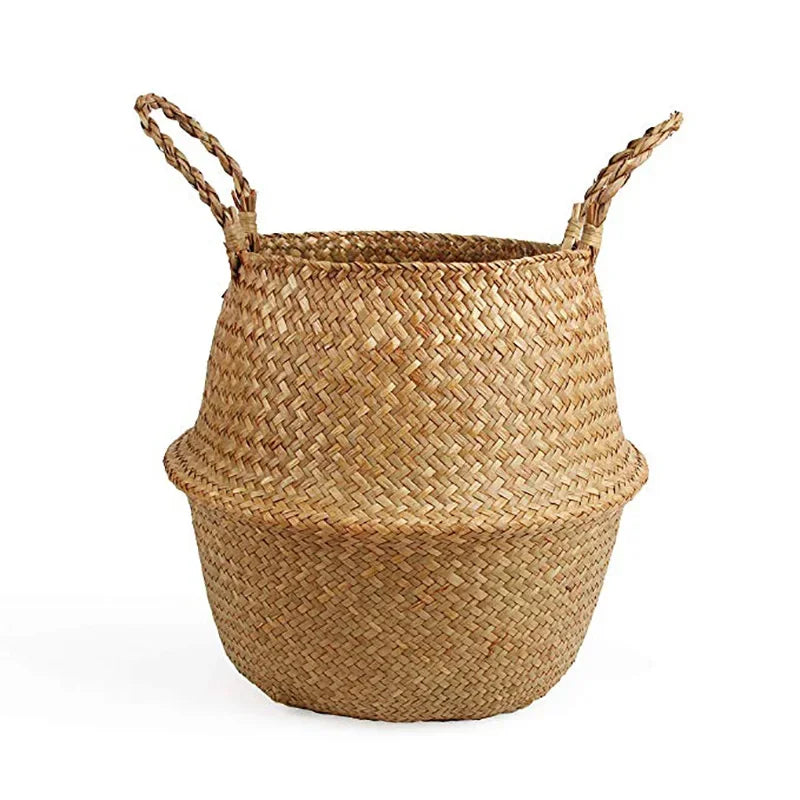 a woven basket with handles on a white background