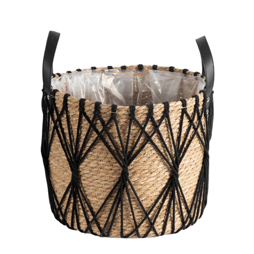 a black and white basket with rope handles