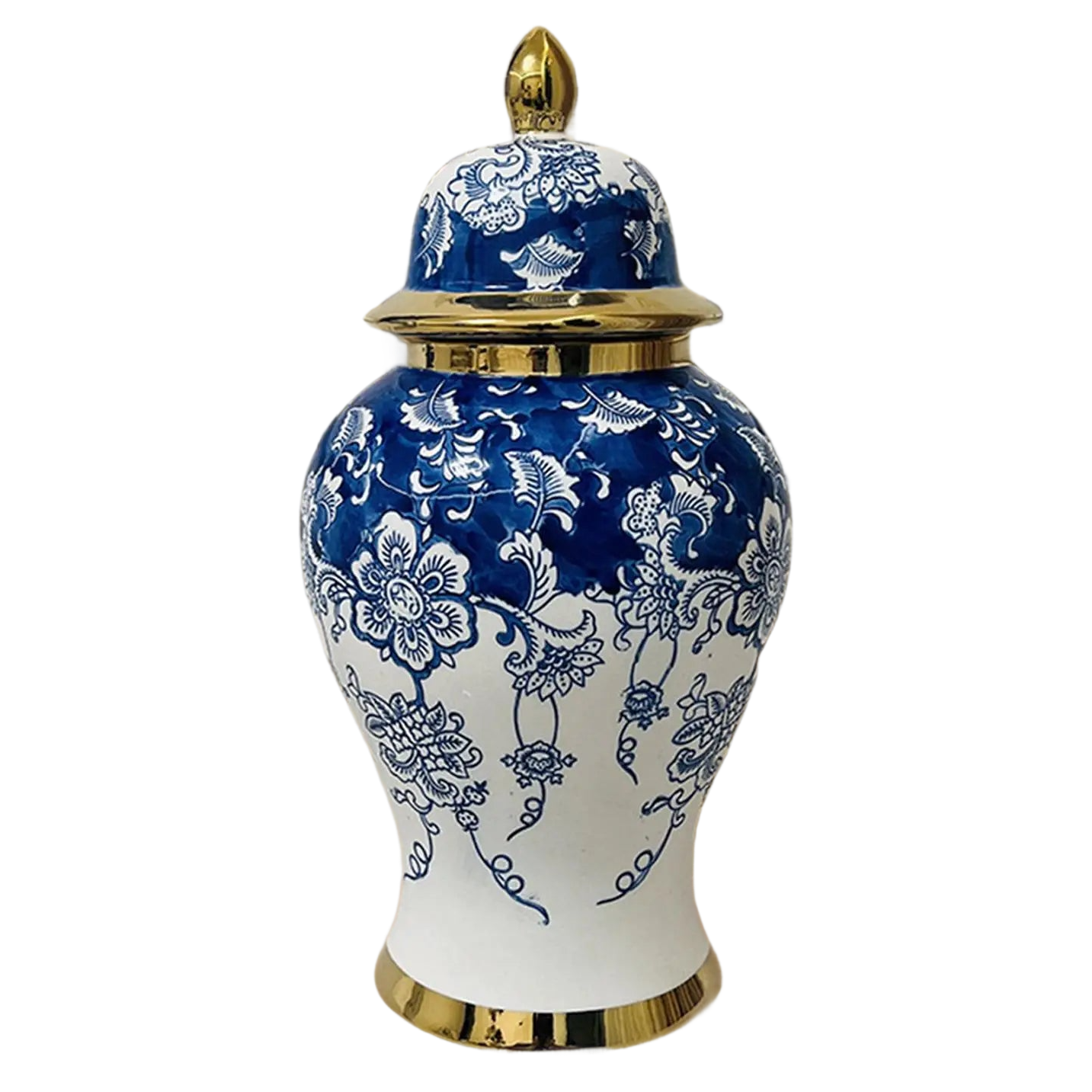 a blue and white vase with a gold lid