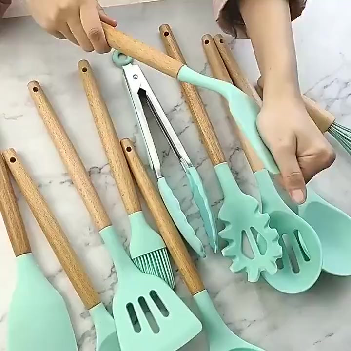 12 utensílios - Conjunto de Utensílios Ambiencci para Cozinha com Cabo de Madeira e Silicone (12 peças)