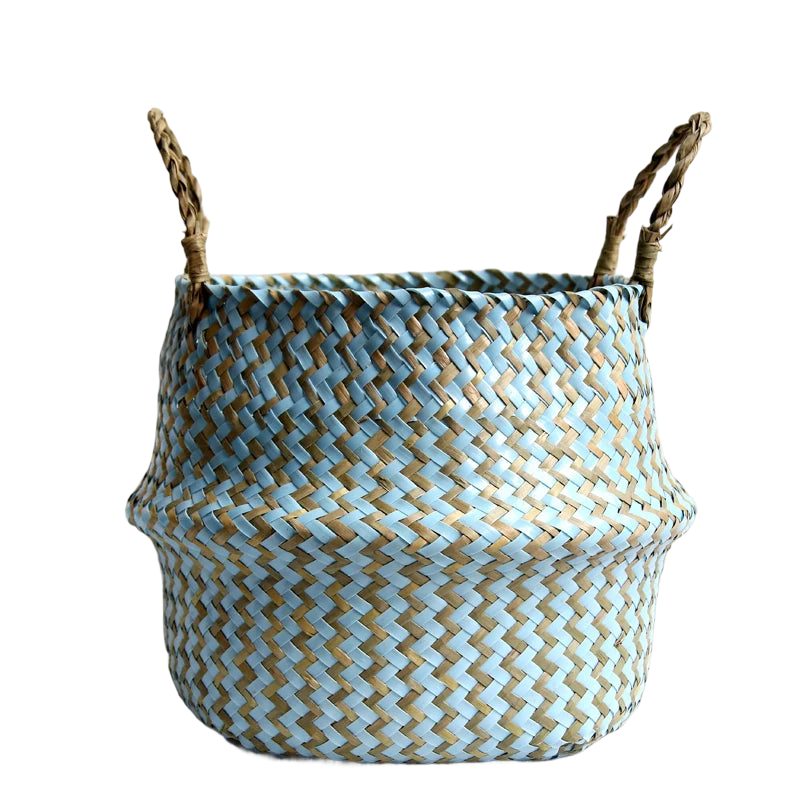 a woven basket with two handles on a black background