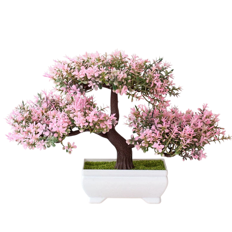 a bonsai tree with pink flowers in a white pot