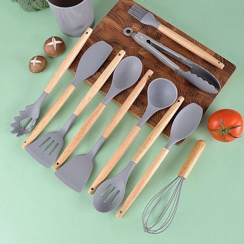 Conjunto de Utensílios Ambiencci para Cozinha com Cabo de Madeira e Silicone (12 peças)